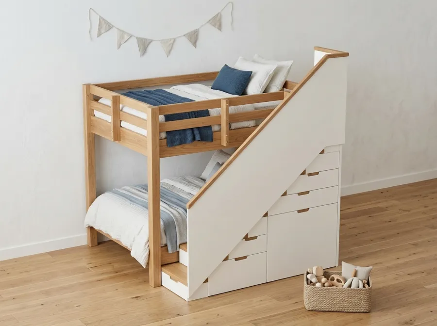 The Heirloom Bunk Bed: the solid wood bunk bed with a storage staircase, built from DIYDupe plans