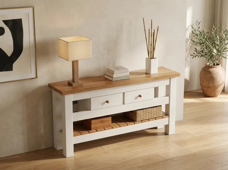 The Farmhouse Console: the thick-topped farmhouse console with a slatted lower shelf, built from DIYDupe plans