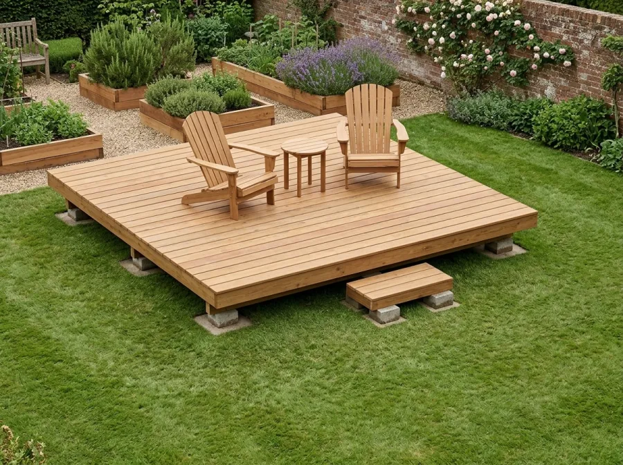 The Garden Deck: the freestanding garden deck, built from DIYDupe plans