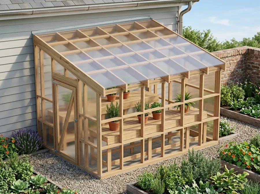 The Lean-To Greenhouse: the lean-to greenhouse against a sunny wall, built from DIYDupe plans