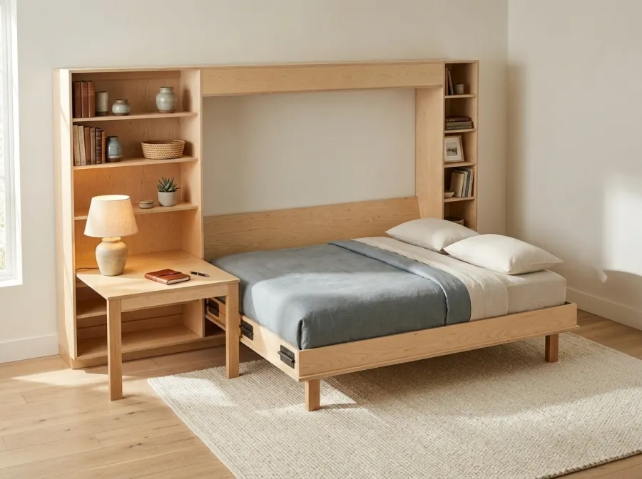 The Library Wall Bed: the built-in wall bed with a fold-down desk and flanking bookcases, built from DIYDupe plans