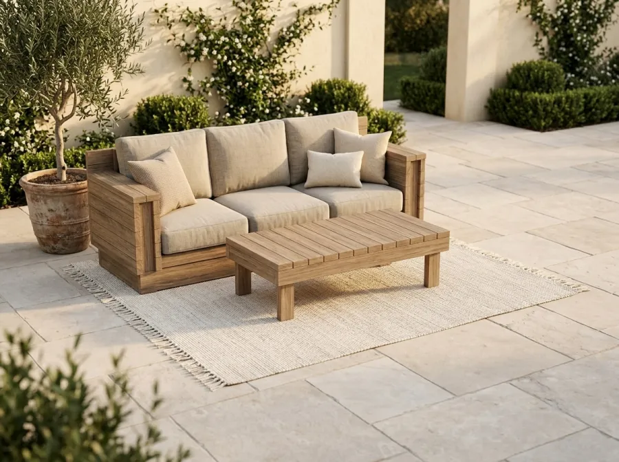 The Coastal Platform Sofa: the low eucalyptus-style outdoor platform sofa and loveseat, built from DIYDupe plans