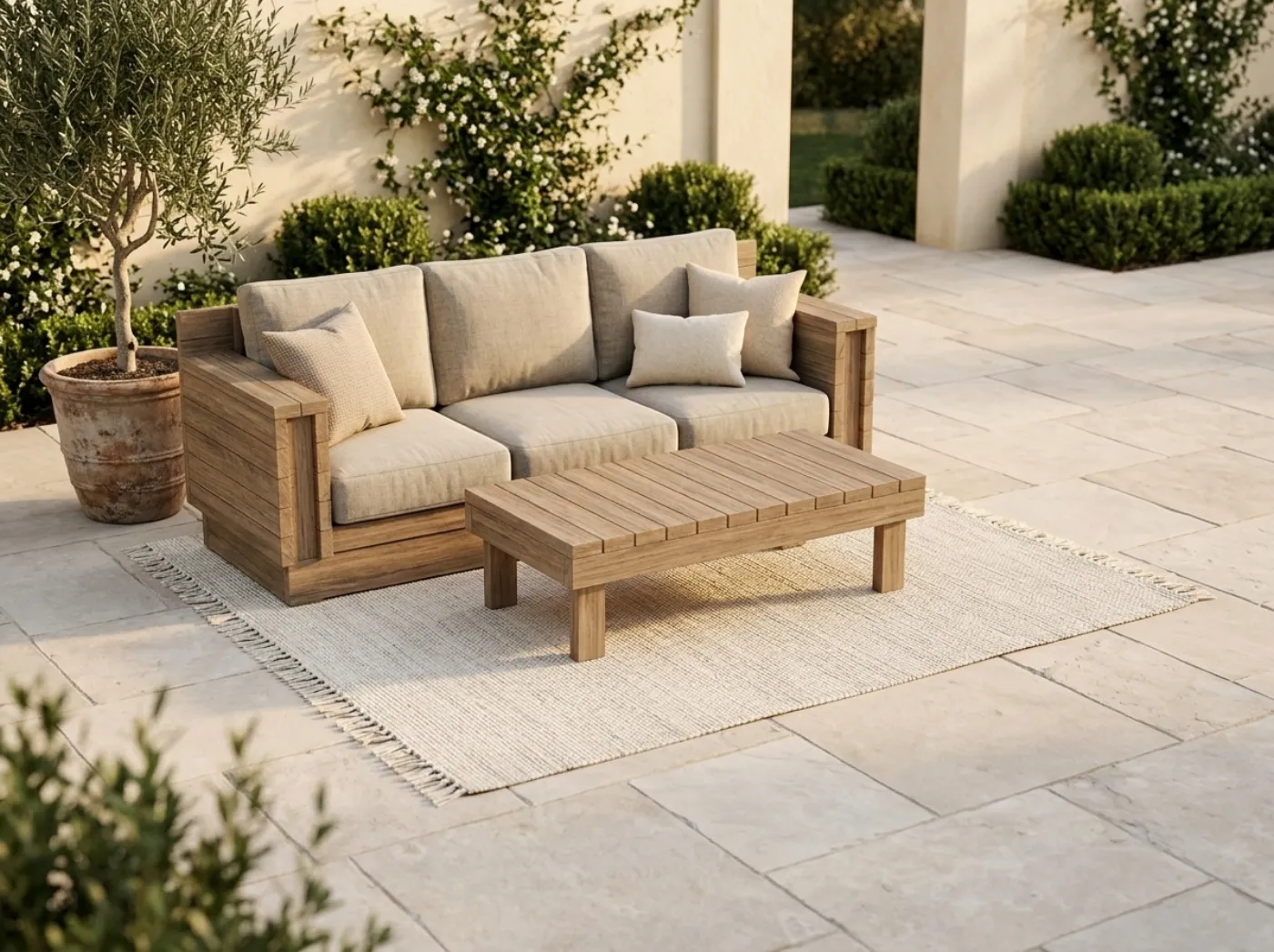 A low wood platform outdoor sofa and coffee table on a stone patio, built from DIYDupe plans