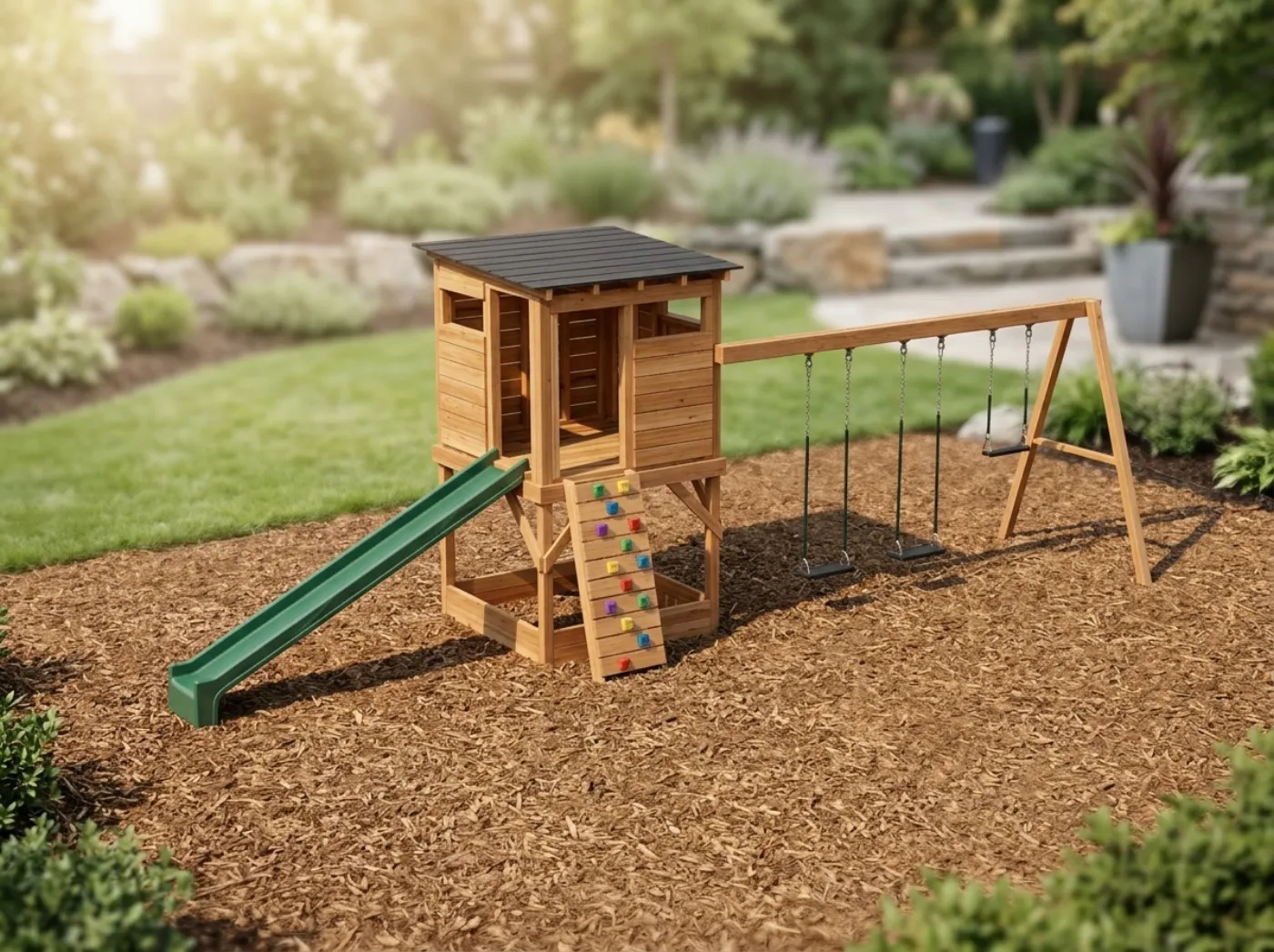 The Clubhouse Swing Set: the wooden clubhouse playset with swings