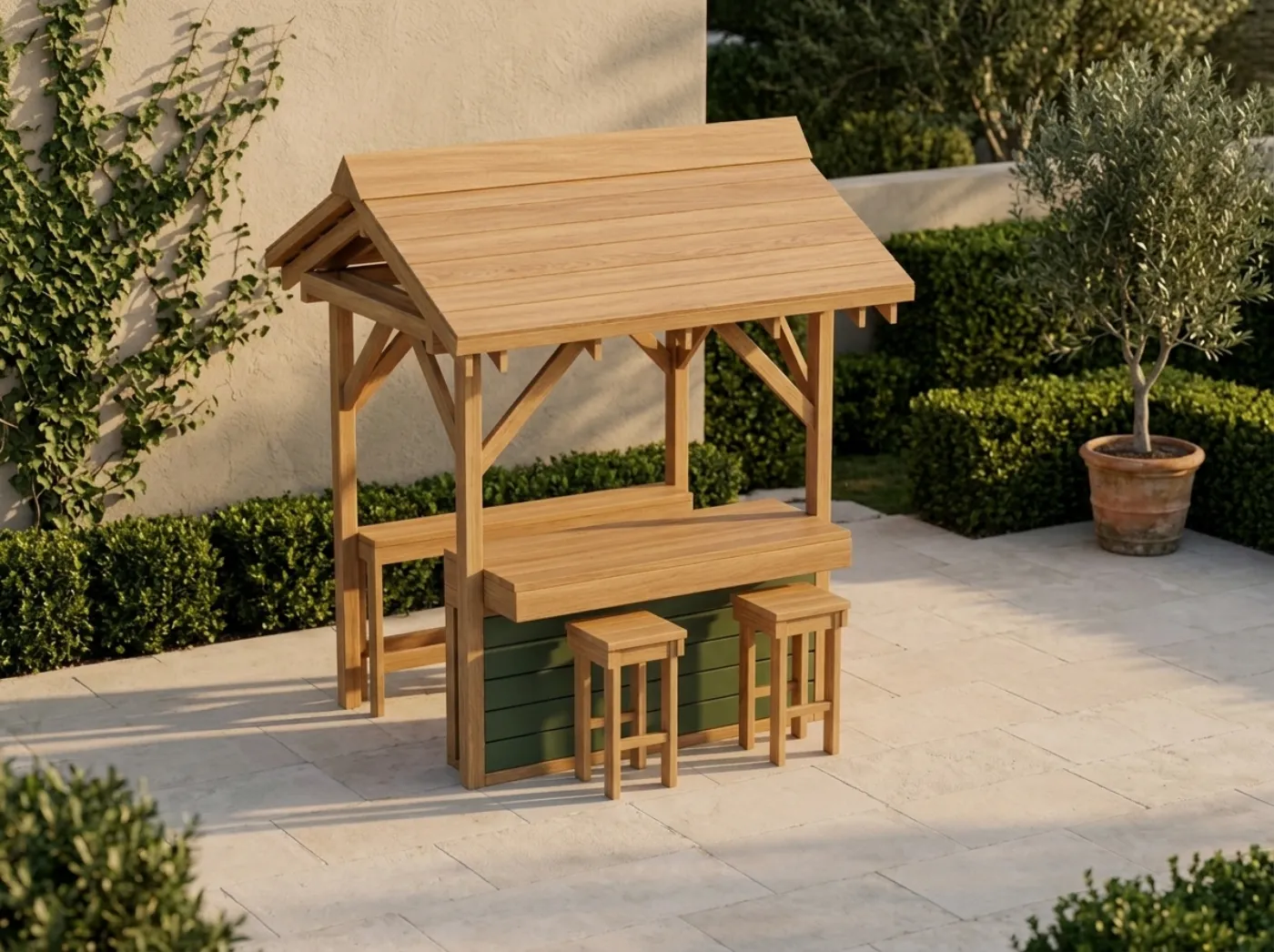 The Backyard Bar: the teak outdoor bar and stools