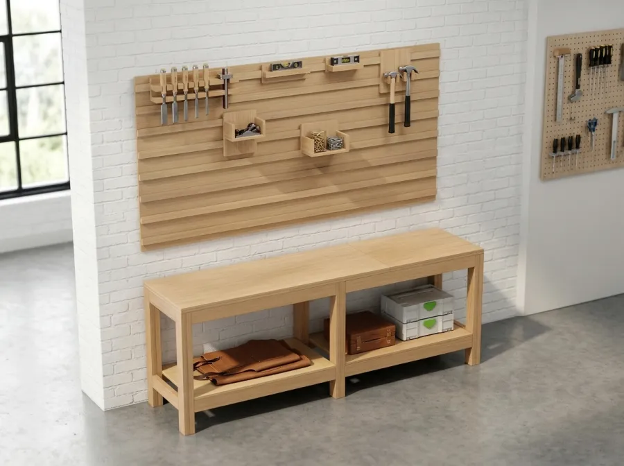 The Workbench & Tool Wall: the workbench with a French cleat tool wall, built from DIYDupe plans