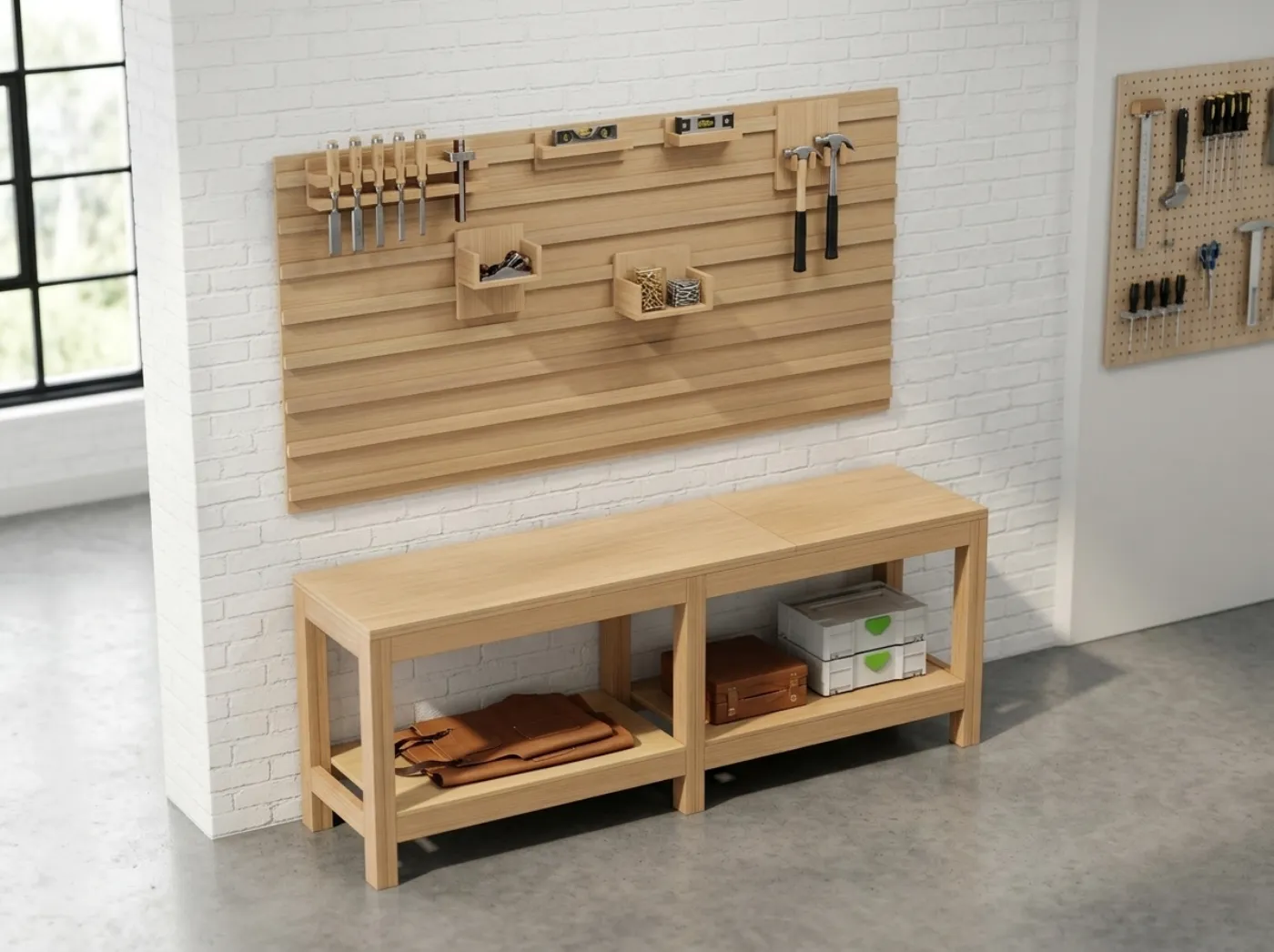 The Workbench & Tool Wall: the workbench with a French cleat tool wall